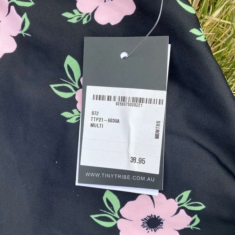 NWT Tiny Tribe Australia Floral Ruffle Swimsuit Girls One Piece Black Pink 12 M